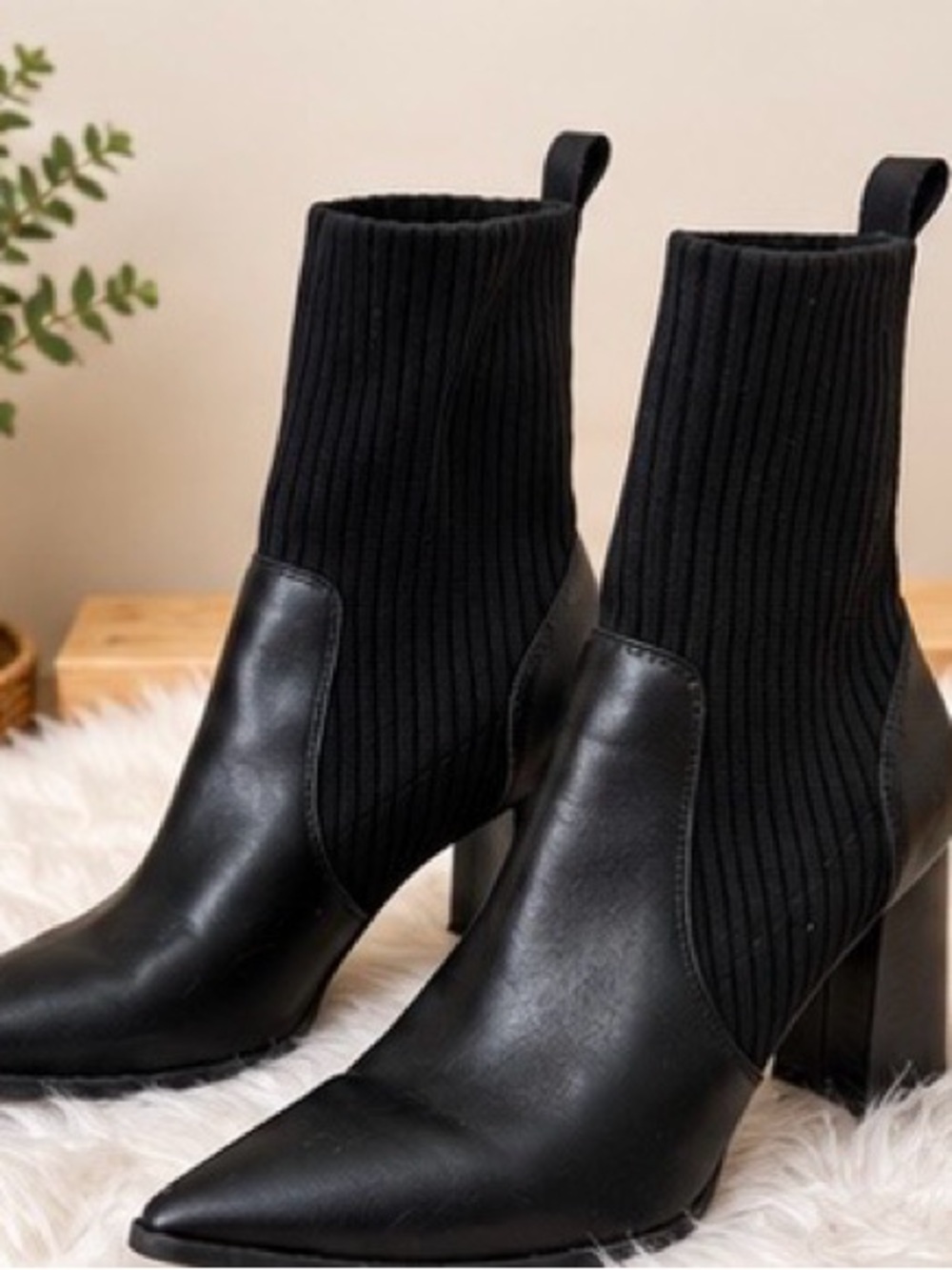 Women's Black Knit & Faux Leather Sock Ankle Boots